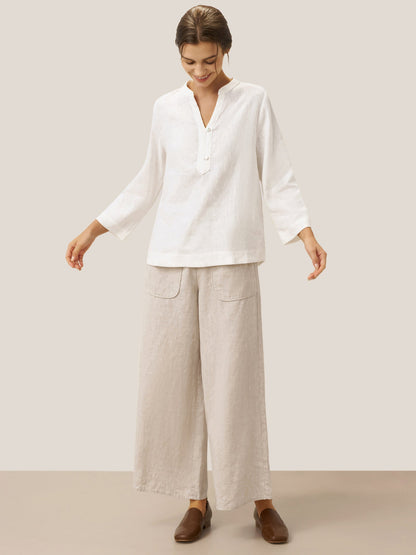 Colette | Women’s Linen Deep V-Neck Button-Trim Pullover Top