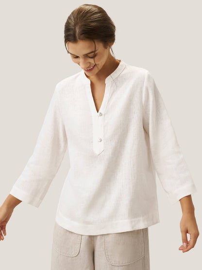 Colette | Women’s Linen Deep V-Neck Button-Trim Pullover Top