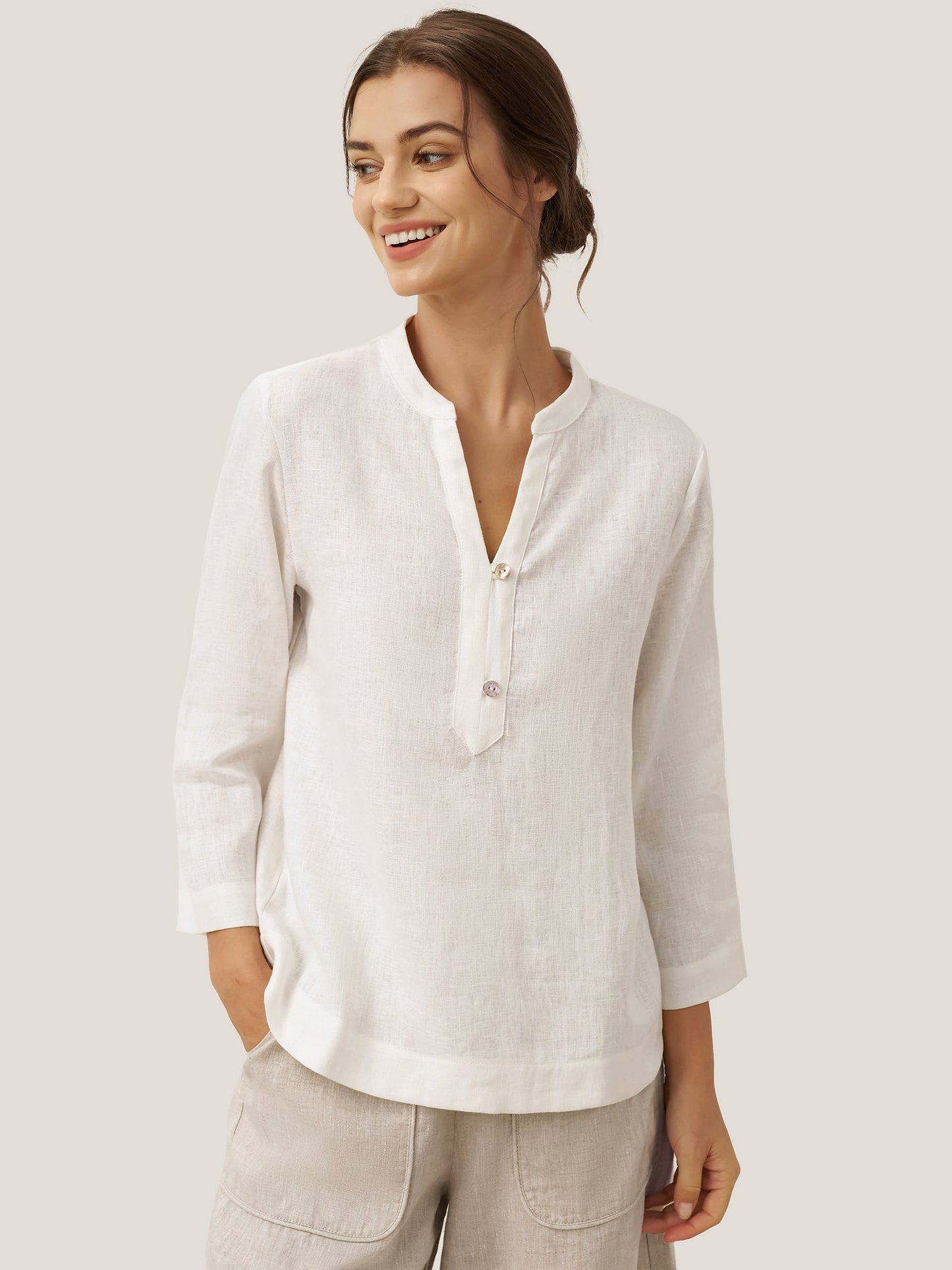 Colette | Women’s Linen Deep V-Neck Button-Trim Pullover Top