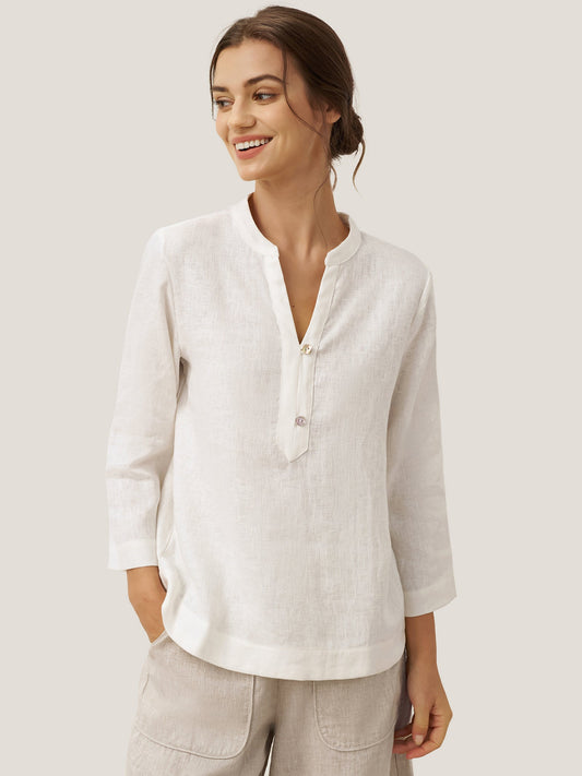 Colette | Women’s Linen Deep V-Neck Button-Trim Pullover Top