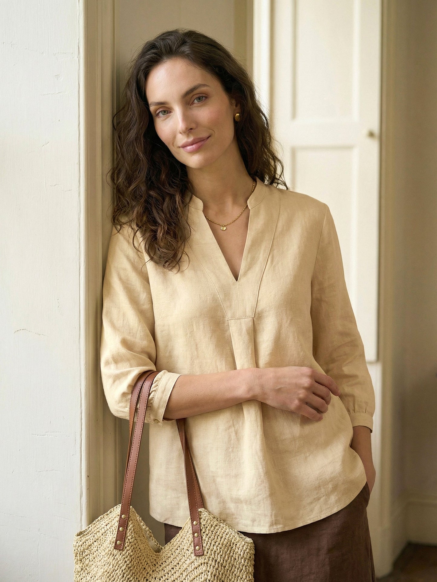 Miranda | Women’s Linen Split V-Neck Dress Blouse