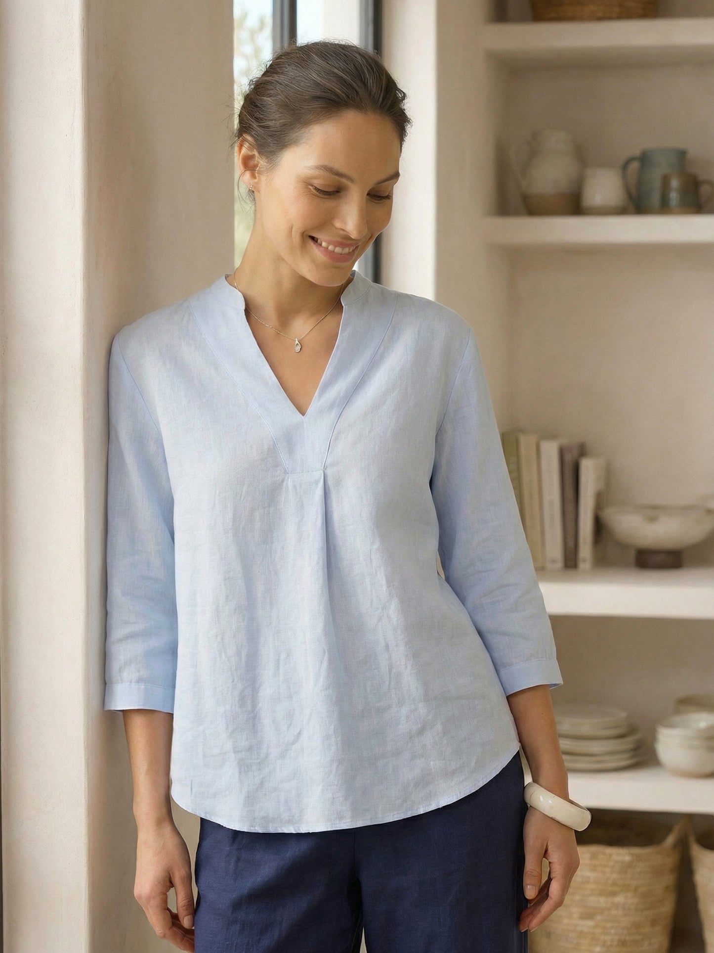 Miranda | Women’s Linen Split V-Neck Dress Blouse