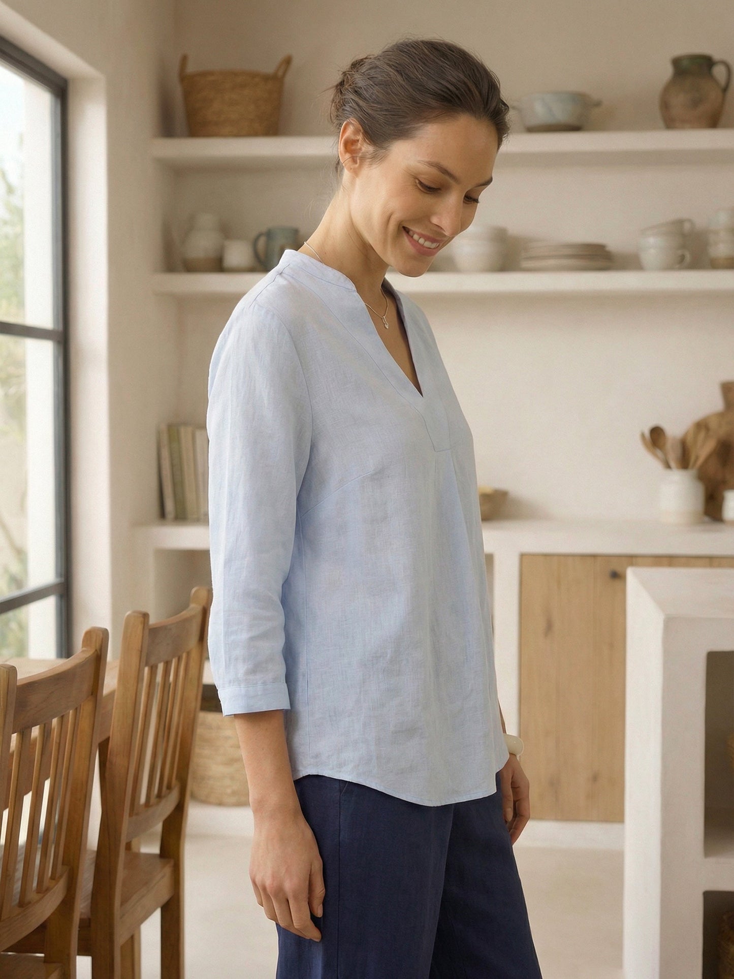 Miranda | Women’s Linen Split V-Neck Dress Blouse