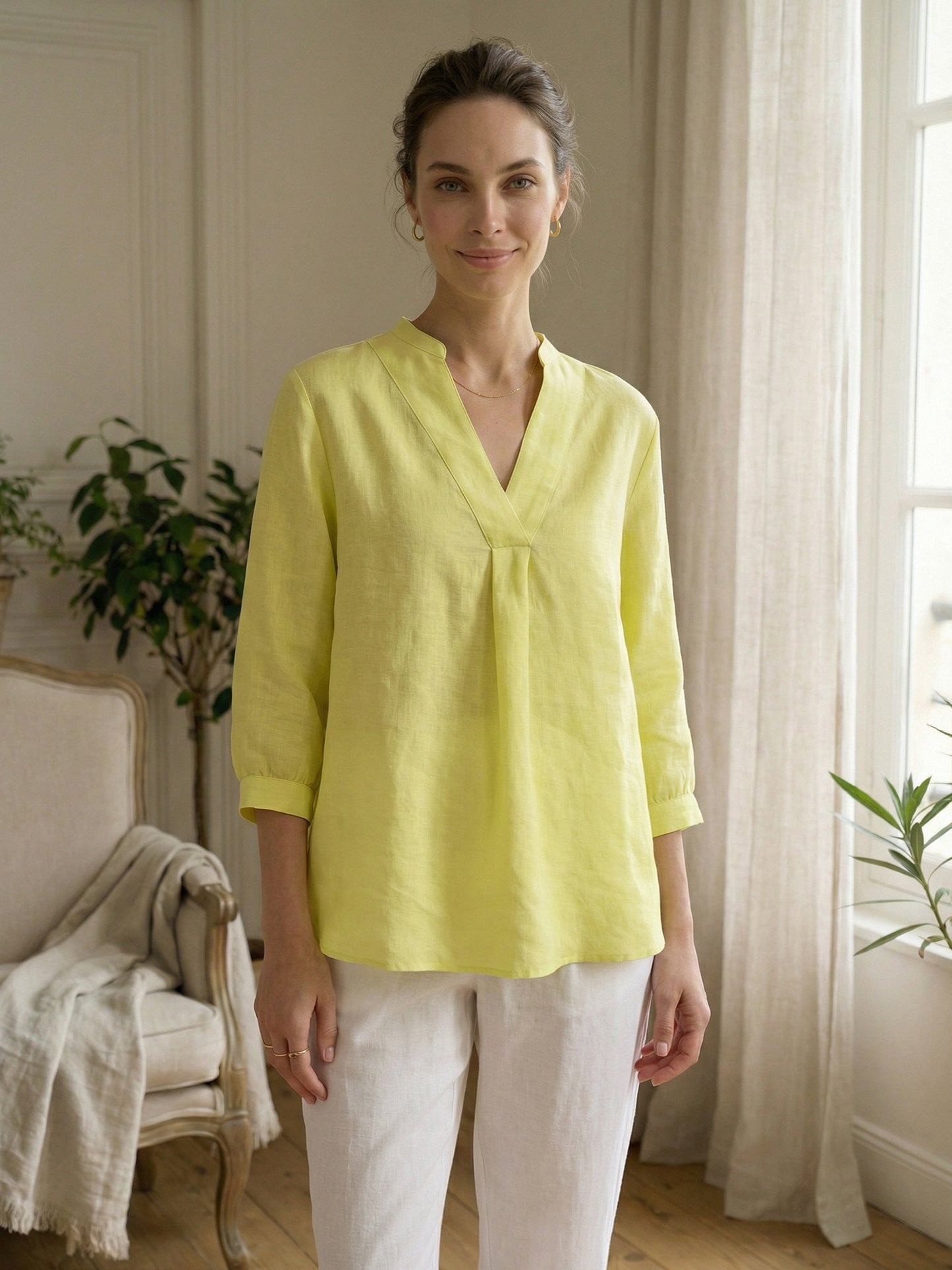 Miranda | Women’s Linen Split V-Neck Dress Blouse