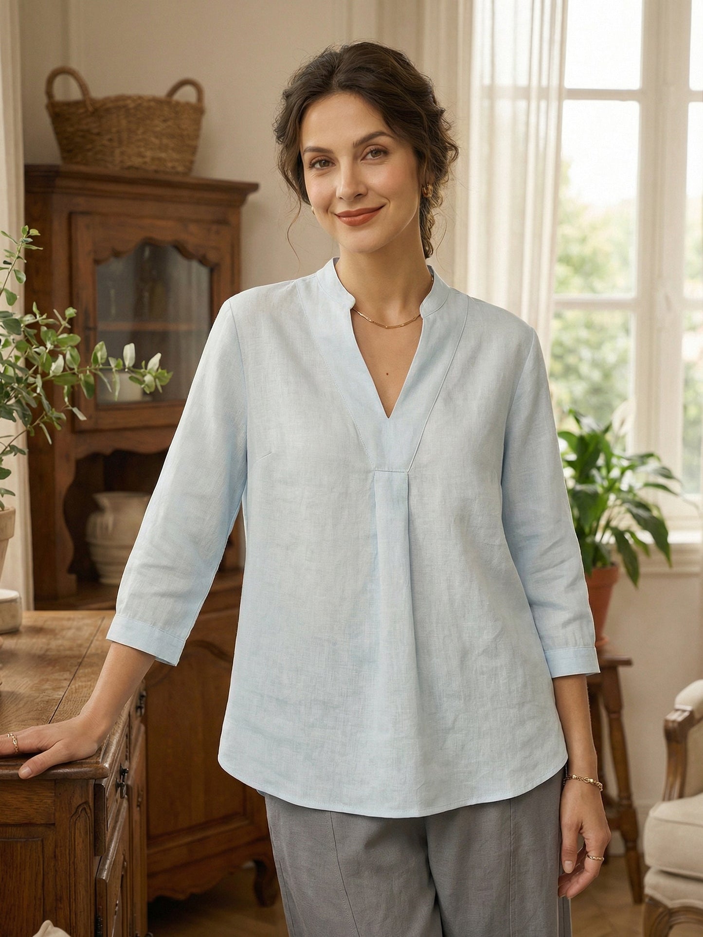 Miranda | Women’s Linen Split V-Neck Dress Blouse