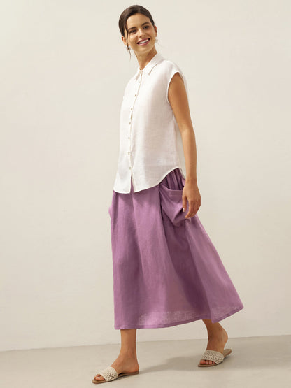 Parker | Women’s Linen Checked Elastic Waist Midi Skirt