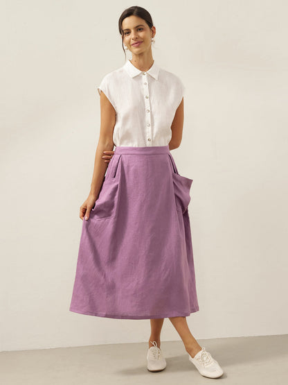Parker | Women’s Linen Checked Elastic Waist Midi Skirt