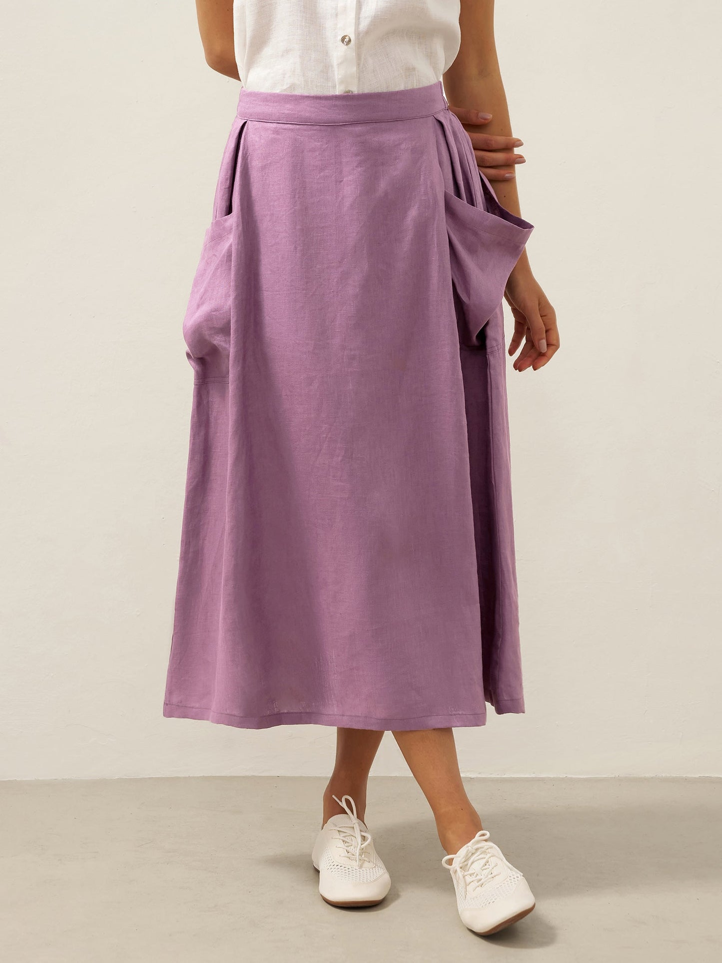 Parker | Women’s Linen Checked Elastic Waist Midi Skirt