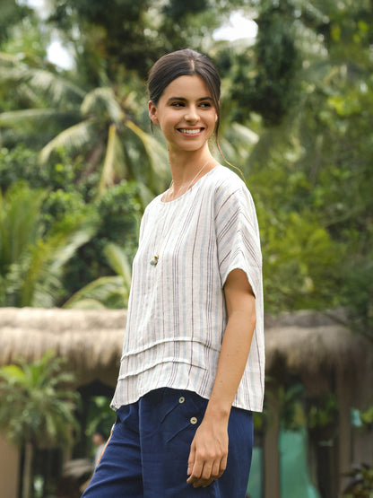 Elspeth | Women’s Linen Pleated Striped Pullover Top