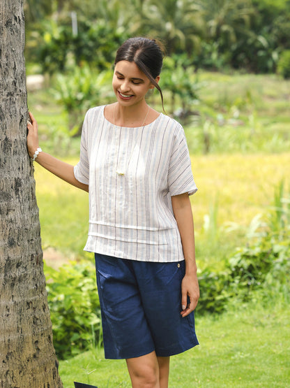 Elspeth | Women’s Linen Pleated Striped Pullover Top