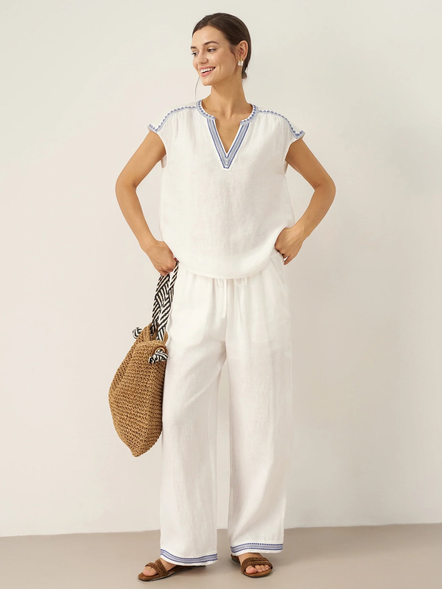 Winslow | Women’s Linen Embroidered Elastic Waist Trousers