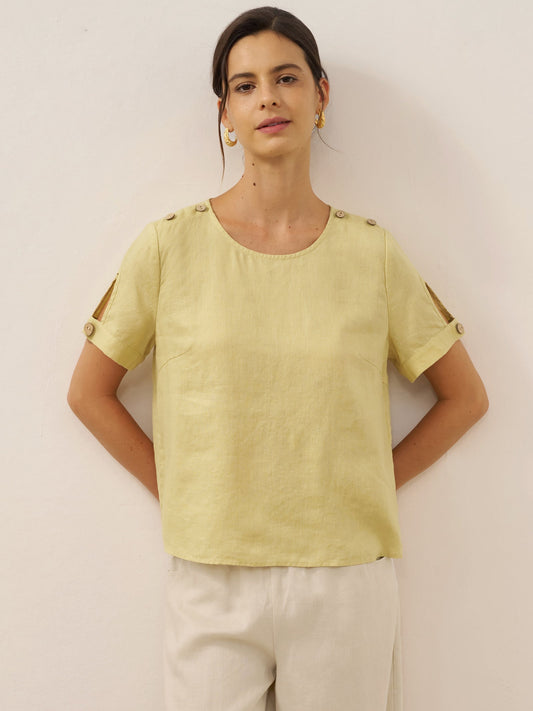 Bexley | Women’s Linen Eyelet Short Sleeve Pullover Top