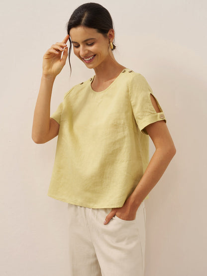 Bexley | Women’s Linen Eyelet Short Sleeve Pullover Top