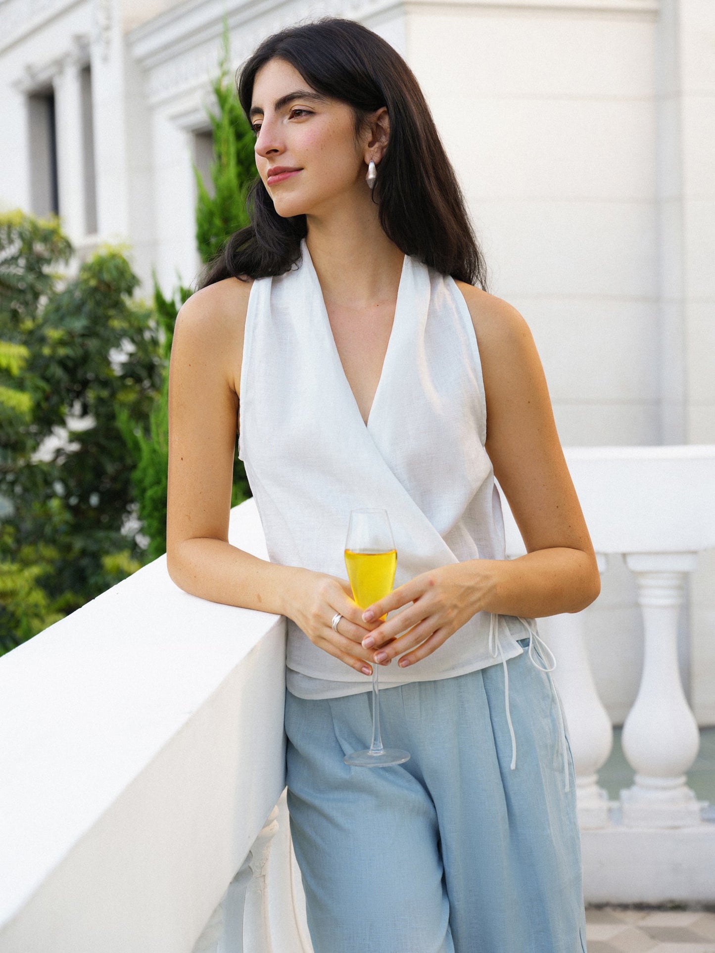 Kira | Women’s Linen Halter Neck Tie-Front Crop Blouse