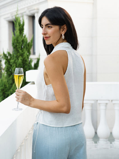 Kira | Women’s Linen Halter Neck Tie-Front Crop Blouse