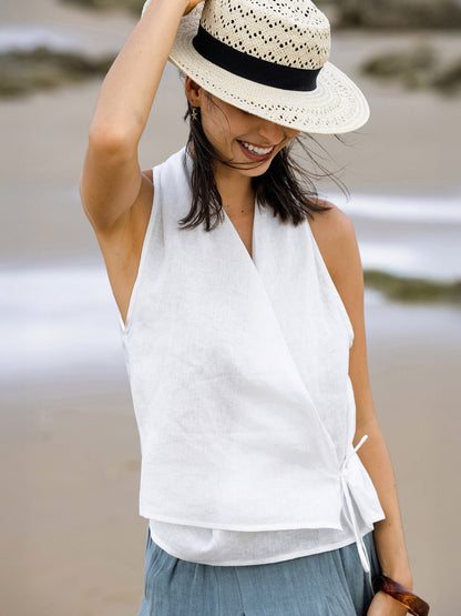 Kira | Women’s Linen Halter Neck Tie-Front Crop Blouse