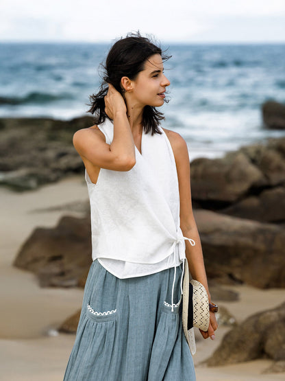 Kira | Women’s Linen Halter Neck Tie-Front Crop Blouse