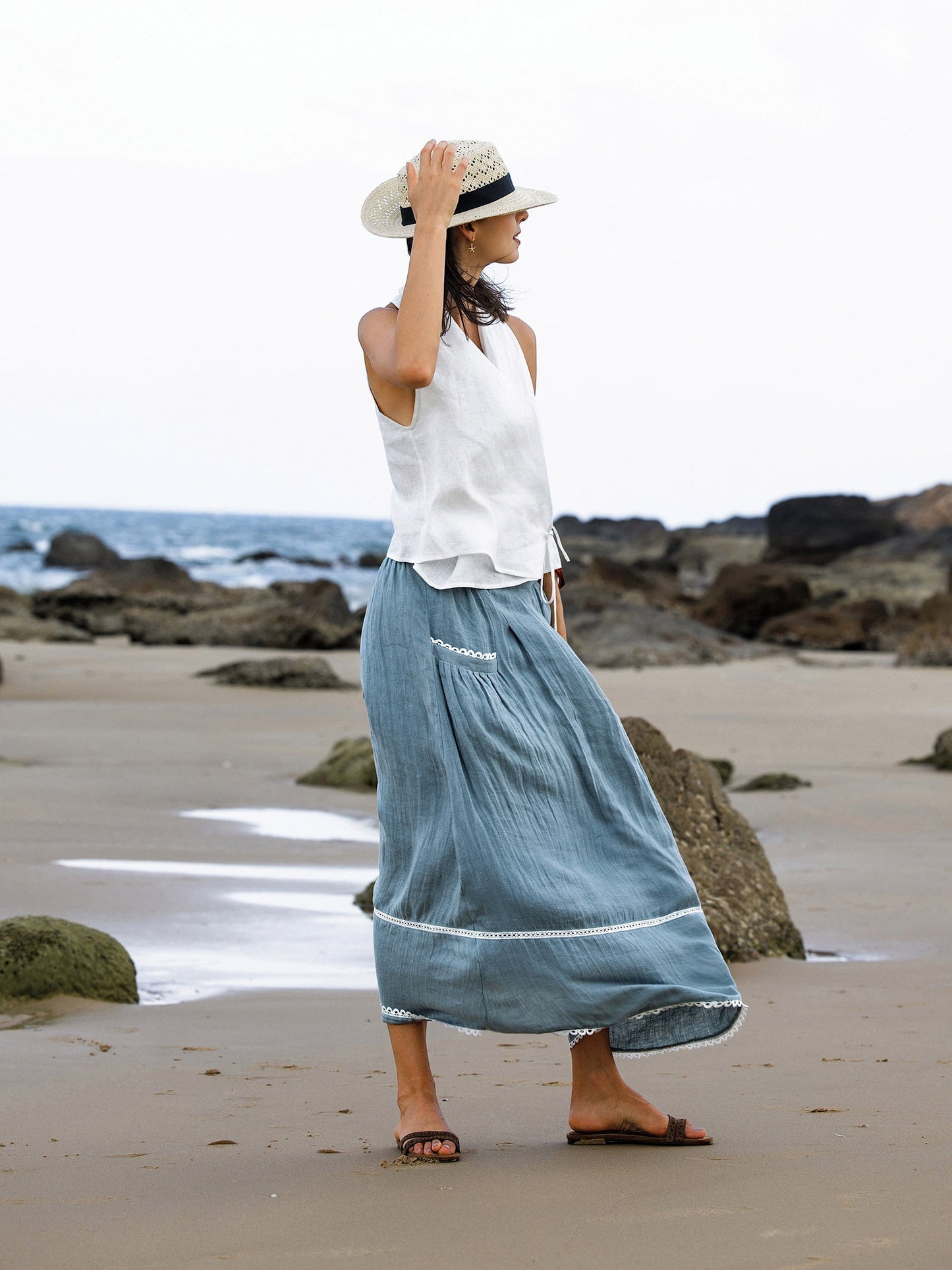 Marisol | Women’s Linen Lace-Up Pocket Maxi Skirt