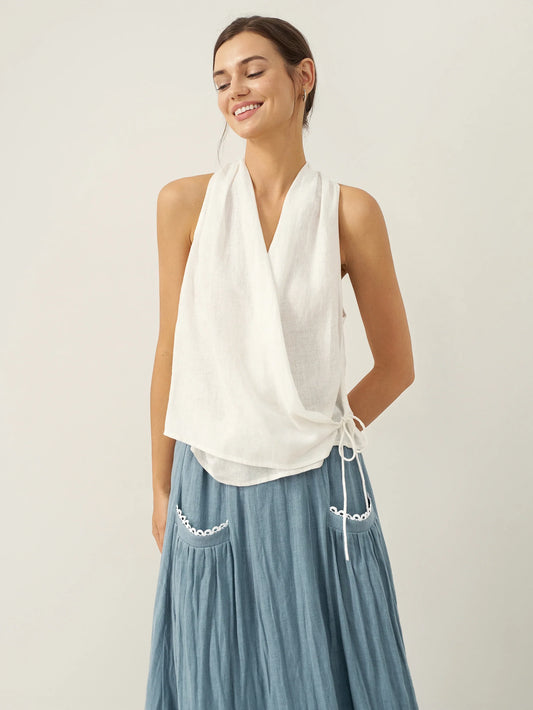 Kira | Women’s Linen Halter Neck Tie-Front Crop Blouse