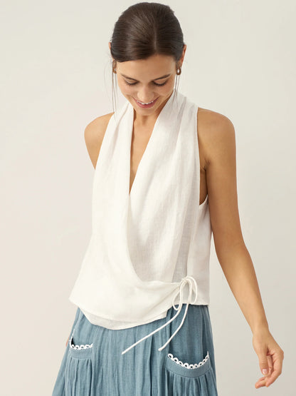 Kira | Women’s Linen Halter Neck Tie-Front Crop Blouse
