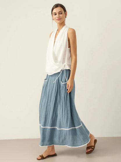 Kira | Women’s Linen Halter Neck Tie-Front Crop Blouse