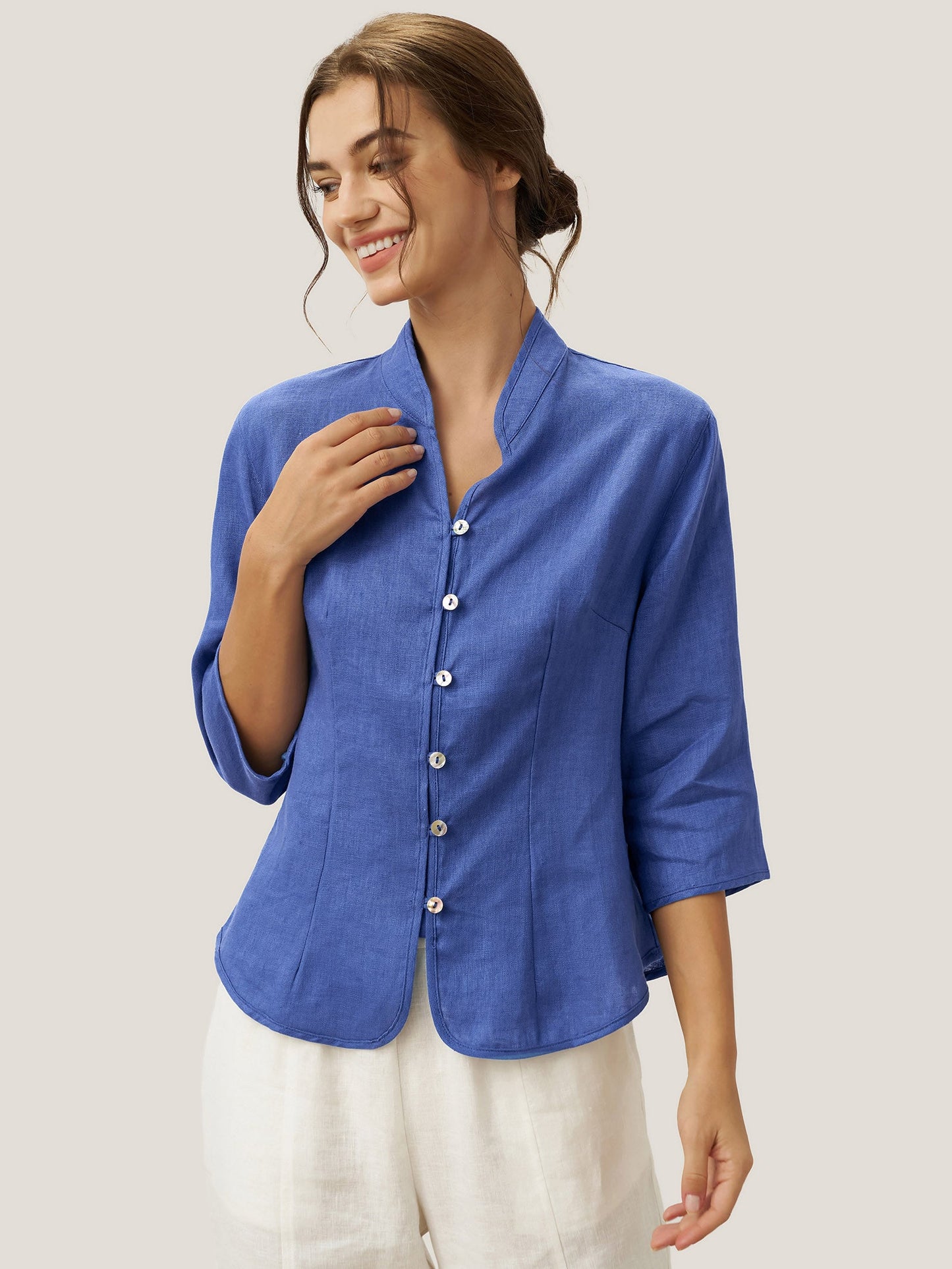 Imogen | Women’s Linen Hand Button Fitted Blouse