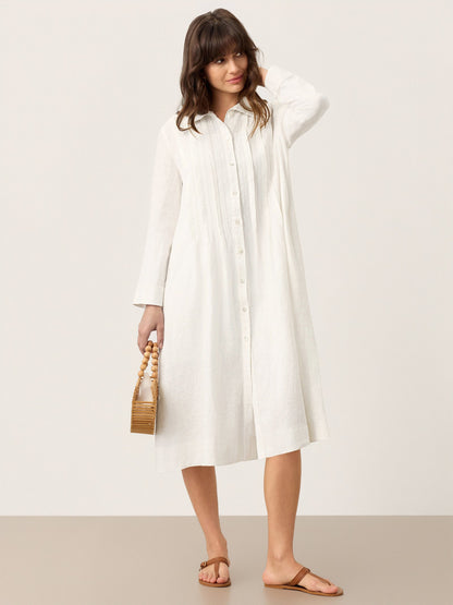 Brianna | Women’s Linen Embroidered Pintuck Midi Shirt Dress