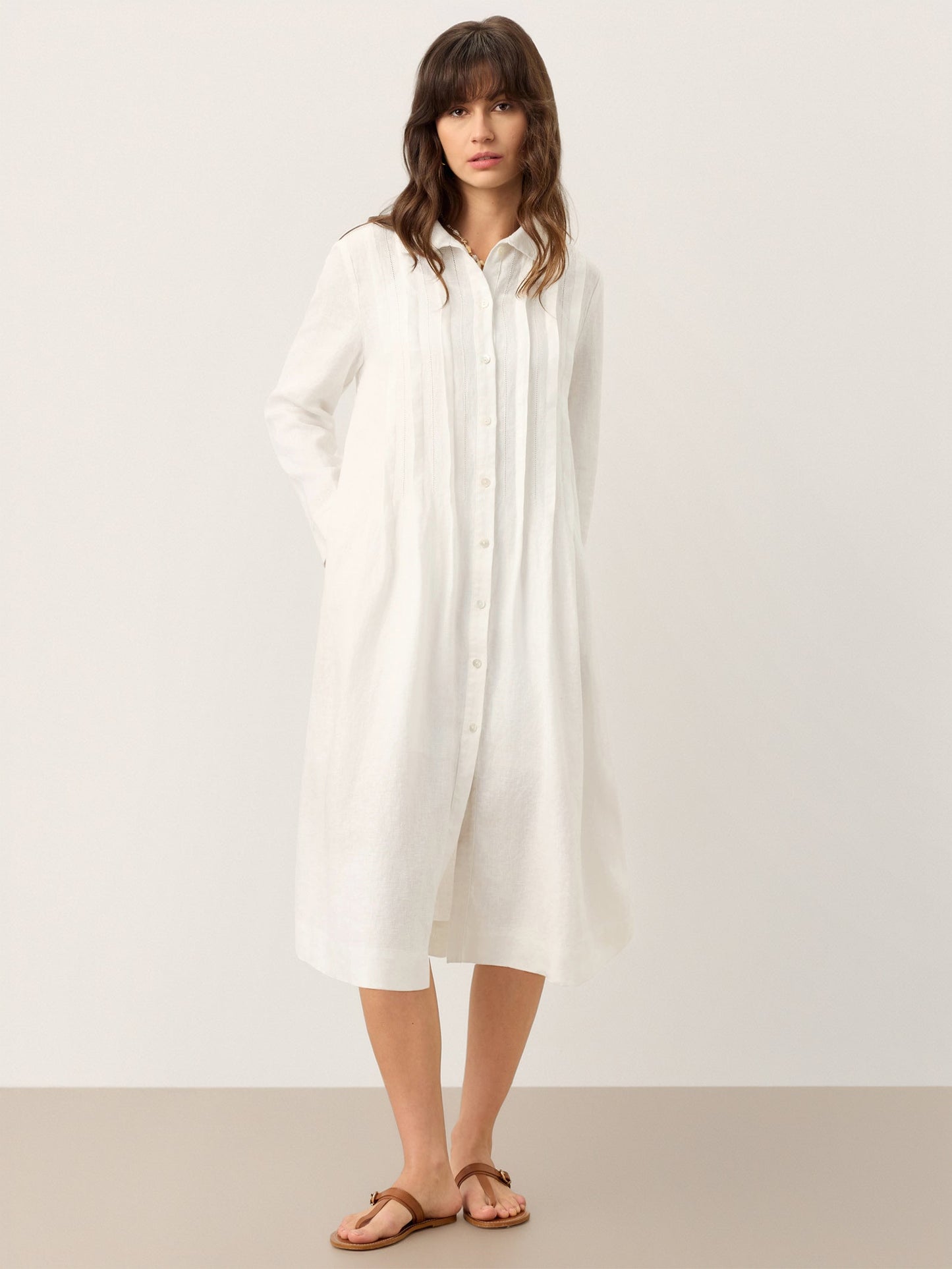 Brianna | Women’s Linen Embroidered Pintuck Midi Shirt Dress