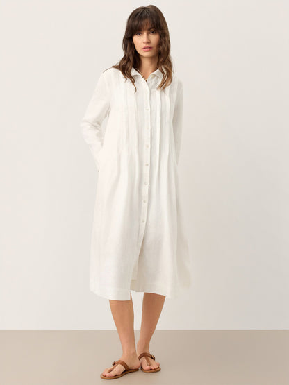Brianna | Women’s Linen Embroidered Pintuck Midi Shirt Dress