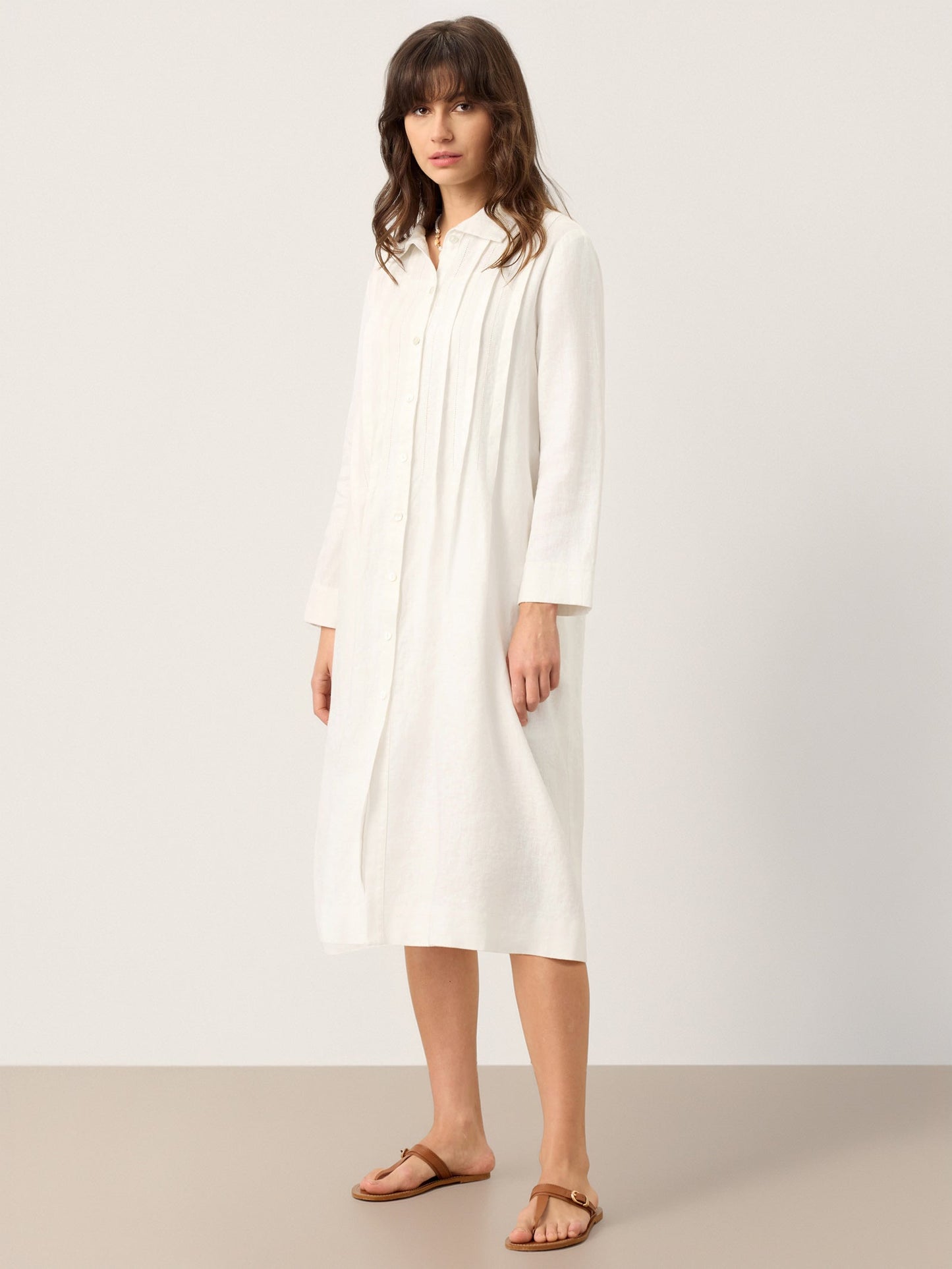 Brianna | Women’s Linen Embroidered Pintuck Midi Shirt Dress