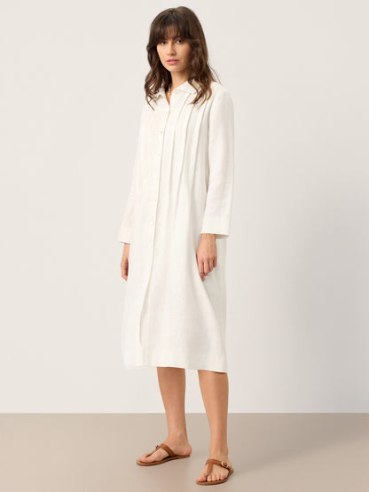 Brianna | Women’s Linen Embroidered Pintuck Midi Shirt Dress
