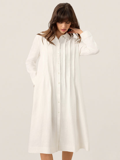 Brianna | Women’s Linen Embroidered Pintuck Midi Shirt Dress