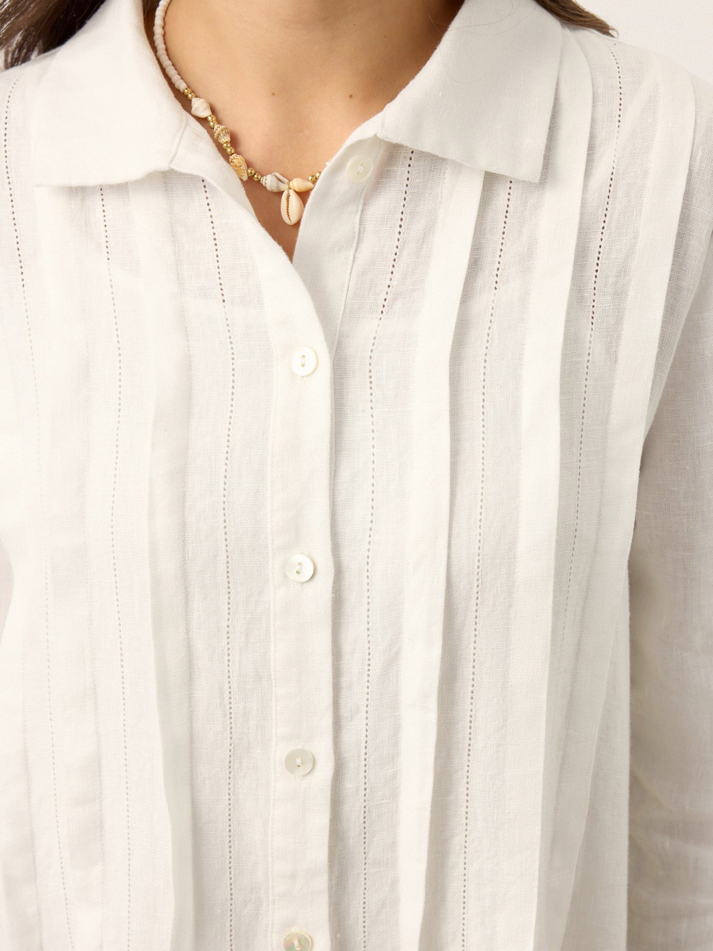 Brianna | Women’s Linen Embroidered Pintuck Midi Shirt Dress