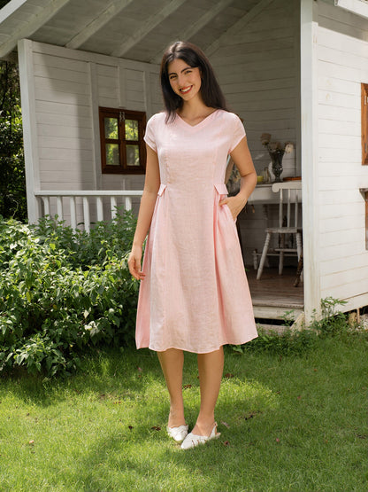 Cecily | Women’s Linen Summer V-Neck Fit-And-Flare Dress