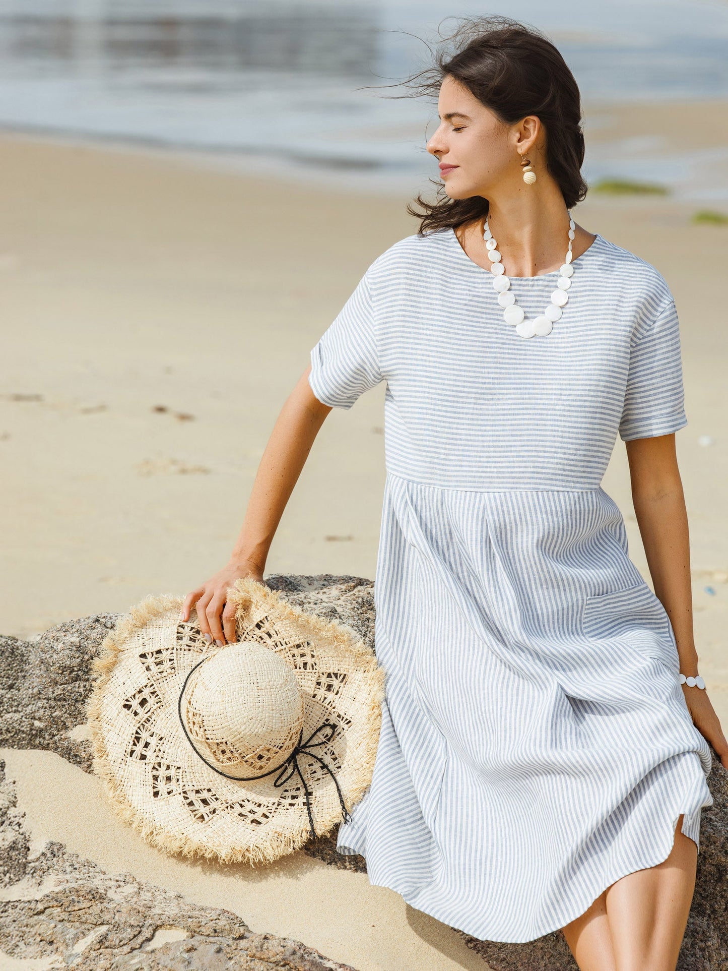 Camille | Women’s Linen Pinstripe Paneled Short Sleeve Dress