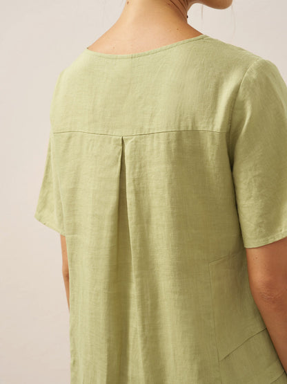 Kinsley | Women’s Sage Linen Pleated Crew Neck Midi Dress