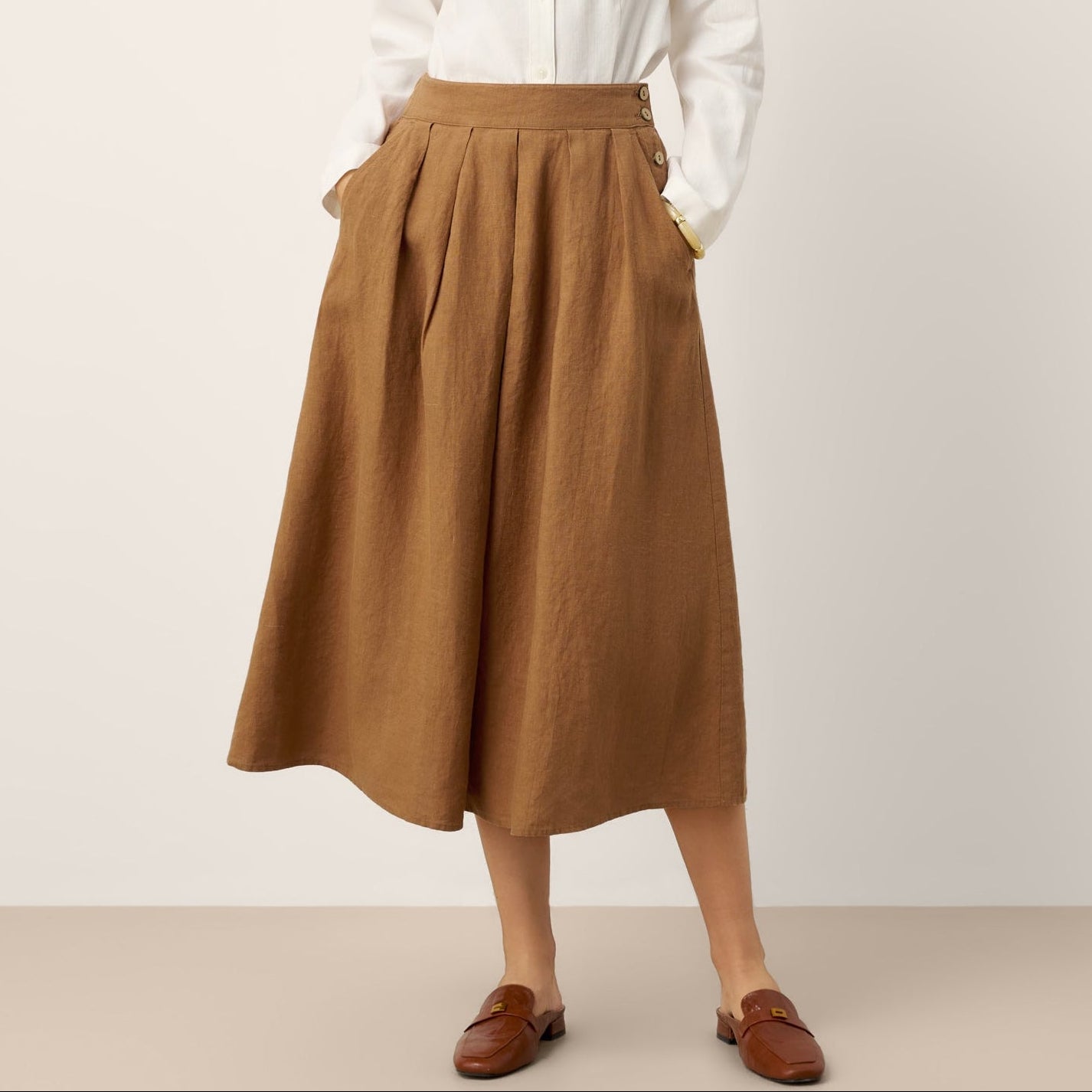 Waverly | Women’s Linen Pleated Side Button Midi Skirt