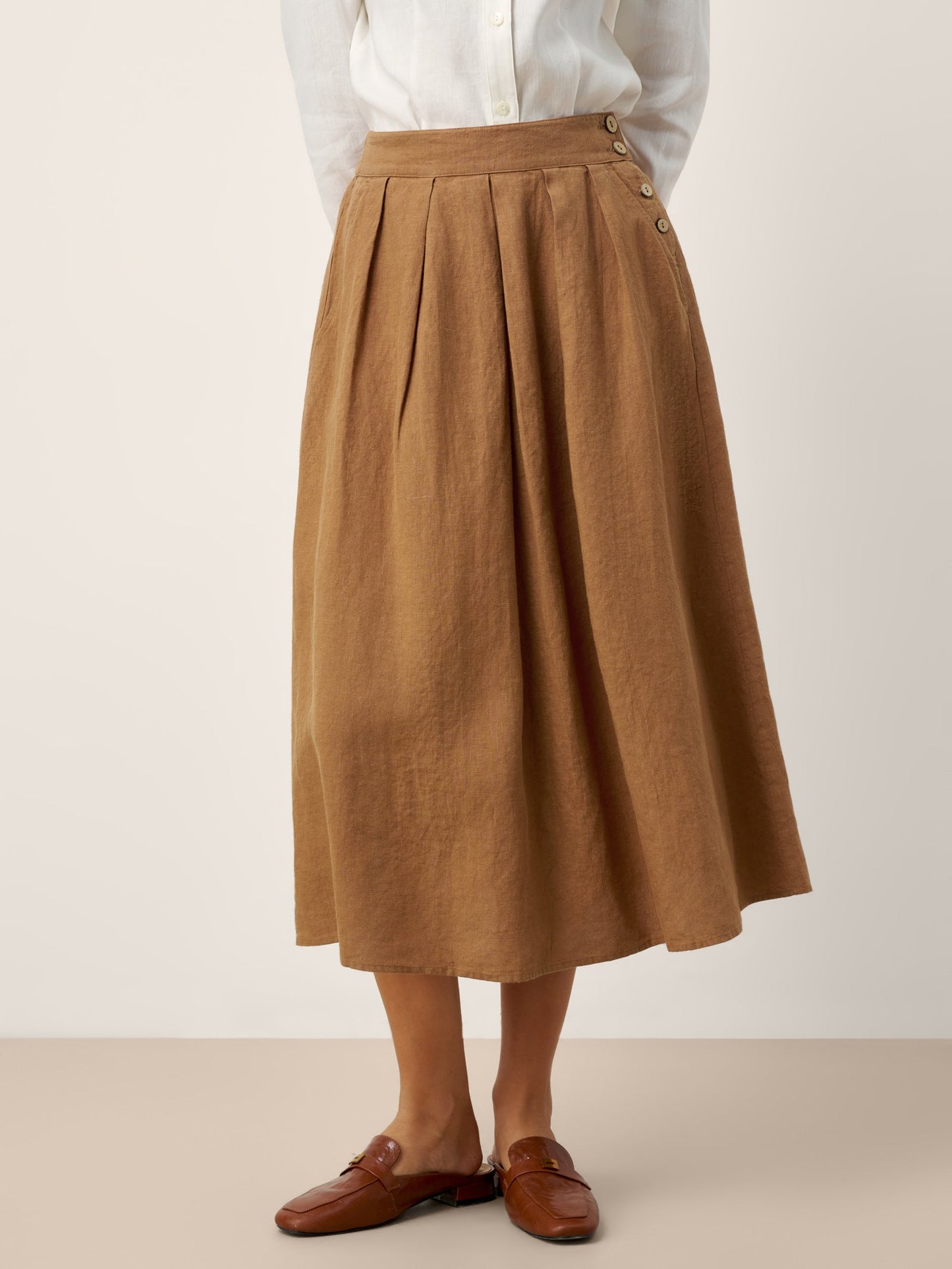 Waverly | Women’s Linen Pleated Side Button Midi Skirt