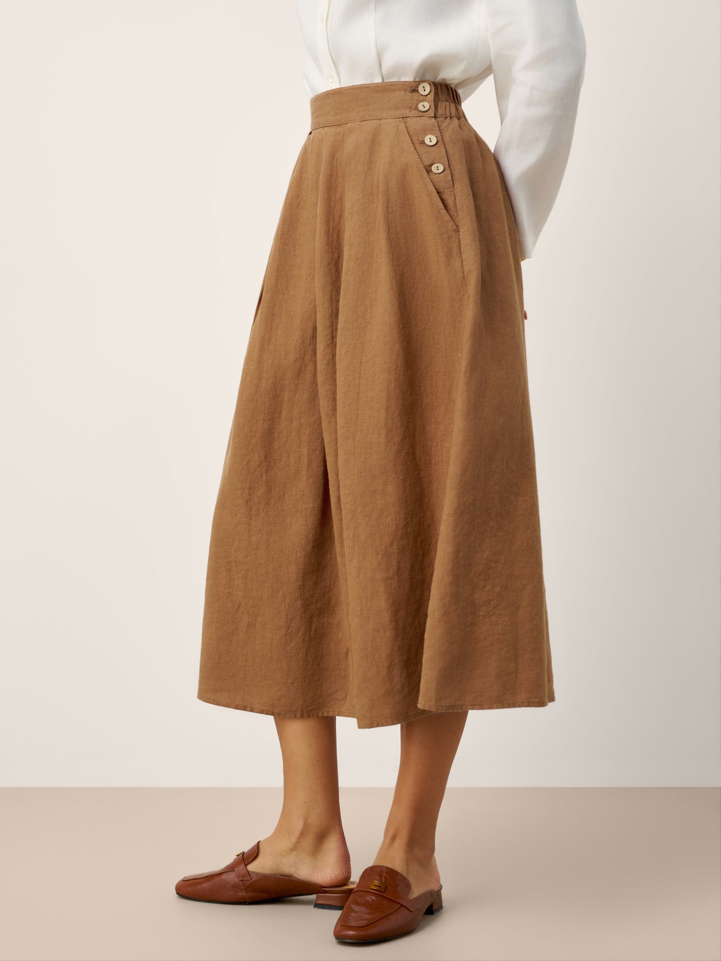 Waverly | Women’s Linen Pleated Side Button Midi Skirt
