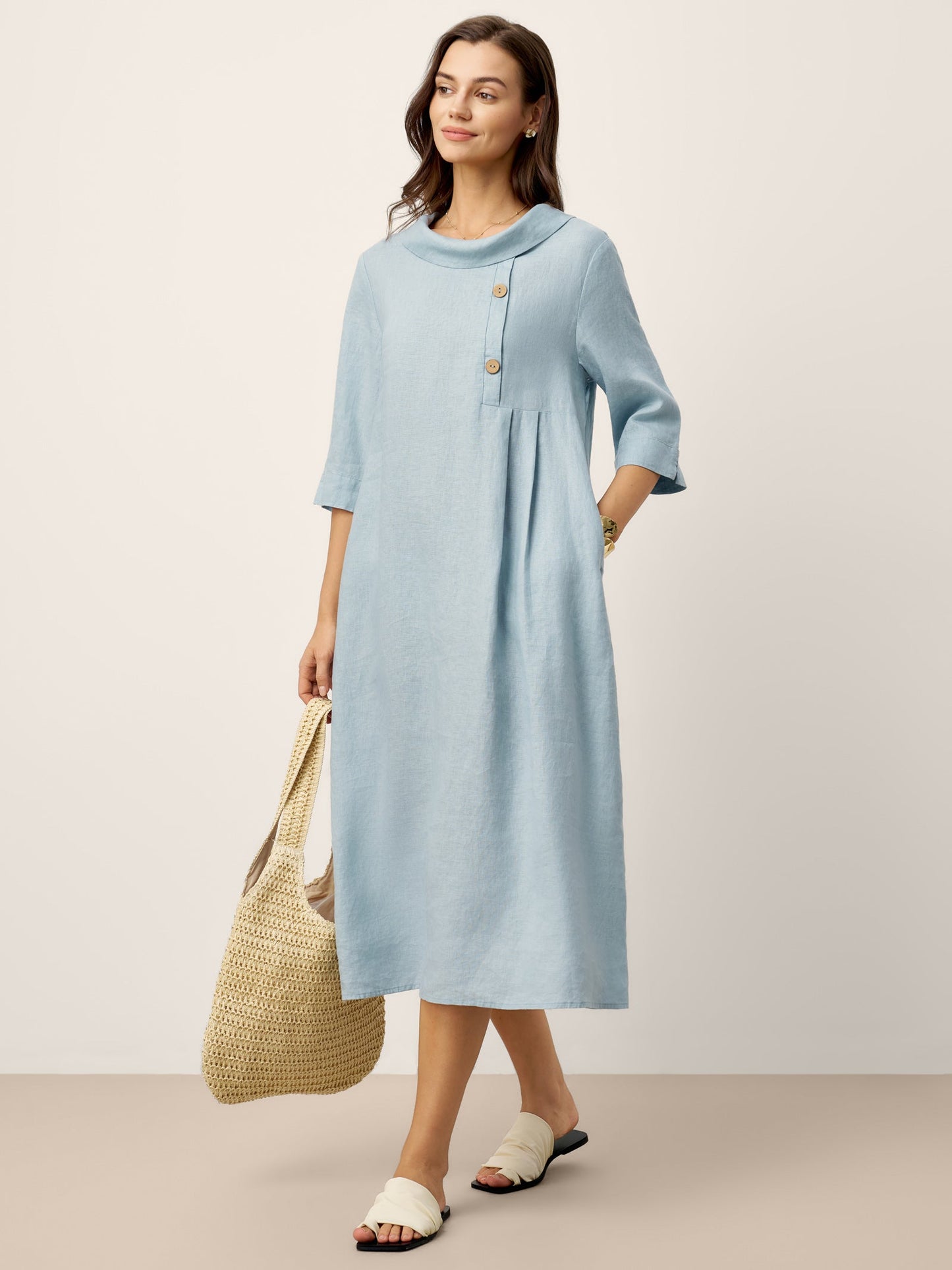 Cassidy | Women’s Linen Rolled Collar Asymmetric Button Maxi Dress