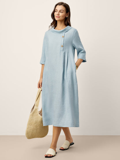 Cassidy | Women’s Linen Rolled Collar Asymmetric Button Maxi Dress