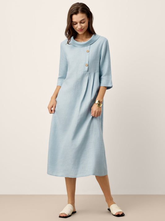 Cassidy | Women’s Linen Rolled Collar Asymmetric Button Maxi Dress