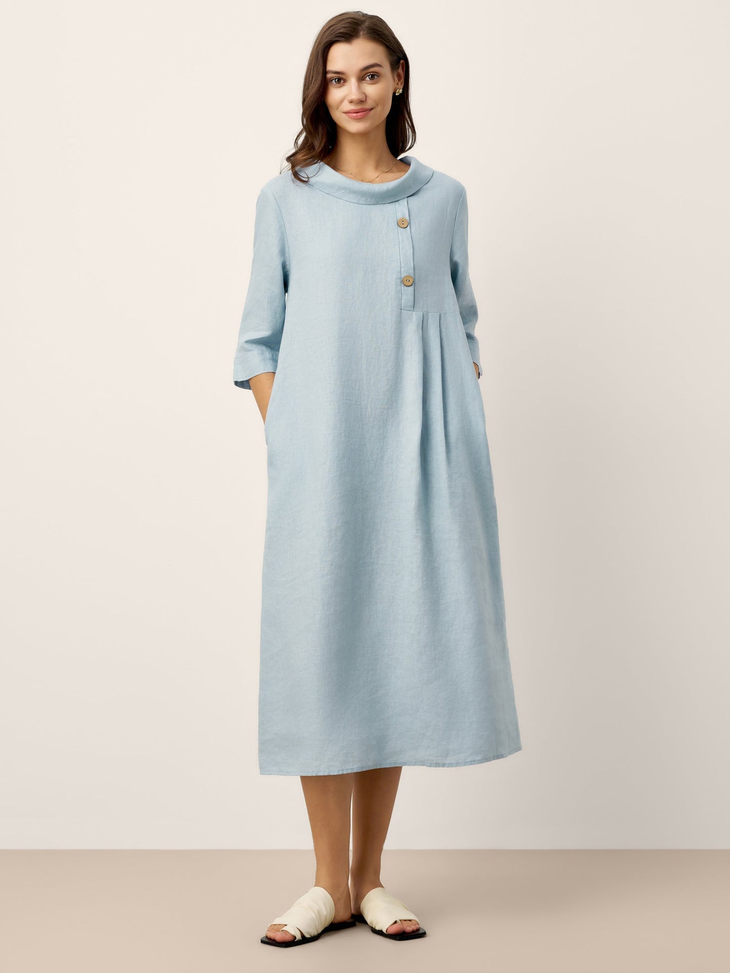 Cassidy | Women’s Linen Rolled Collar Asymmetric Button Maxi Dress