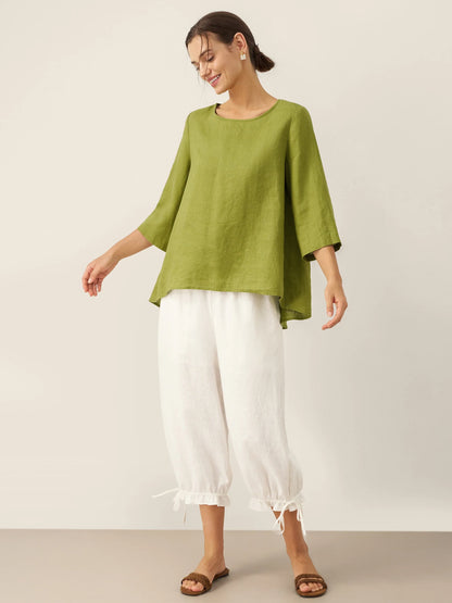 Moira | Women’s Linen Round Neck Asymmetrical Hem Blouse