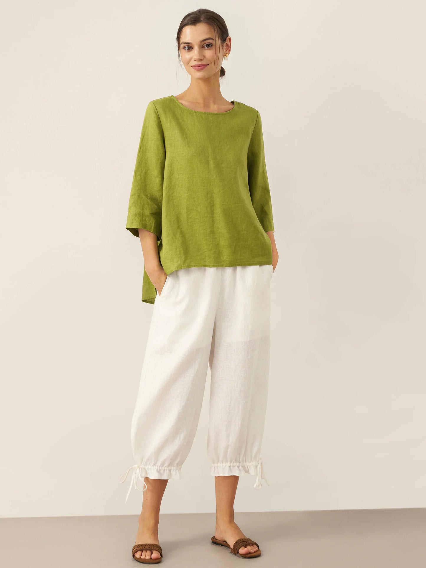Hollis | Women’s Linen Round Neck Asymmetrical Hem Blouse
