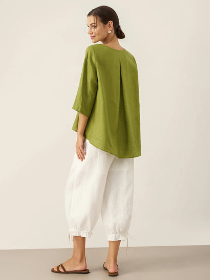 Hollis | Women’s Linen Round Neck Asymmetrical Hem Blouse