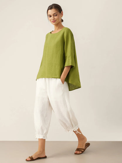 Hollis | Women’s Linen Round Neck Asymmetrical Hem Blouse
