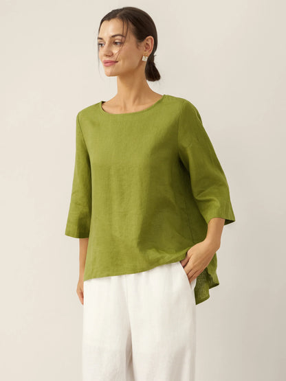 Hollis | Women’s Linen Round Neck Asymmetrical Hem Blouse