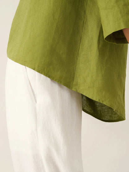 Moira | Women’s Linen Round Neck Asymmetrical Hem Blouse
