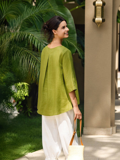Moira | Women’s Linen Round Neck Asymmetrical Hem Blouse
